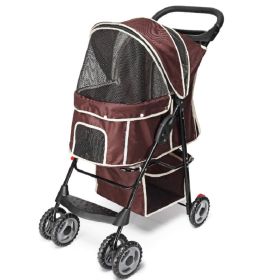 Pet Dog Stroller Trolley, Foldable Travel Carriage with Wheels Zipper Entry Cup Holder Storage Basket, Pushchair Pram Jogger Cart (Color: brown)